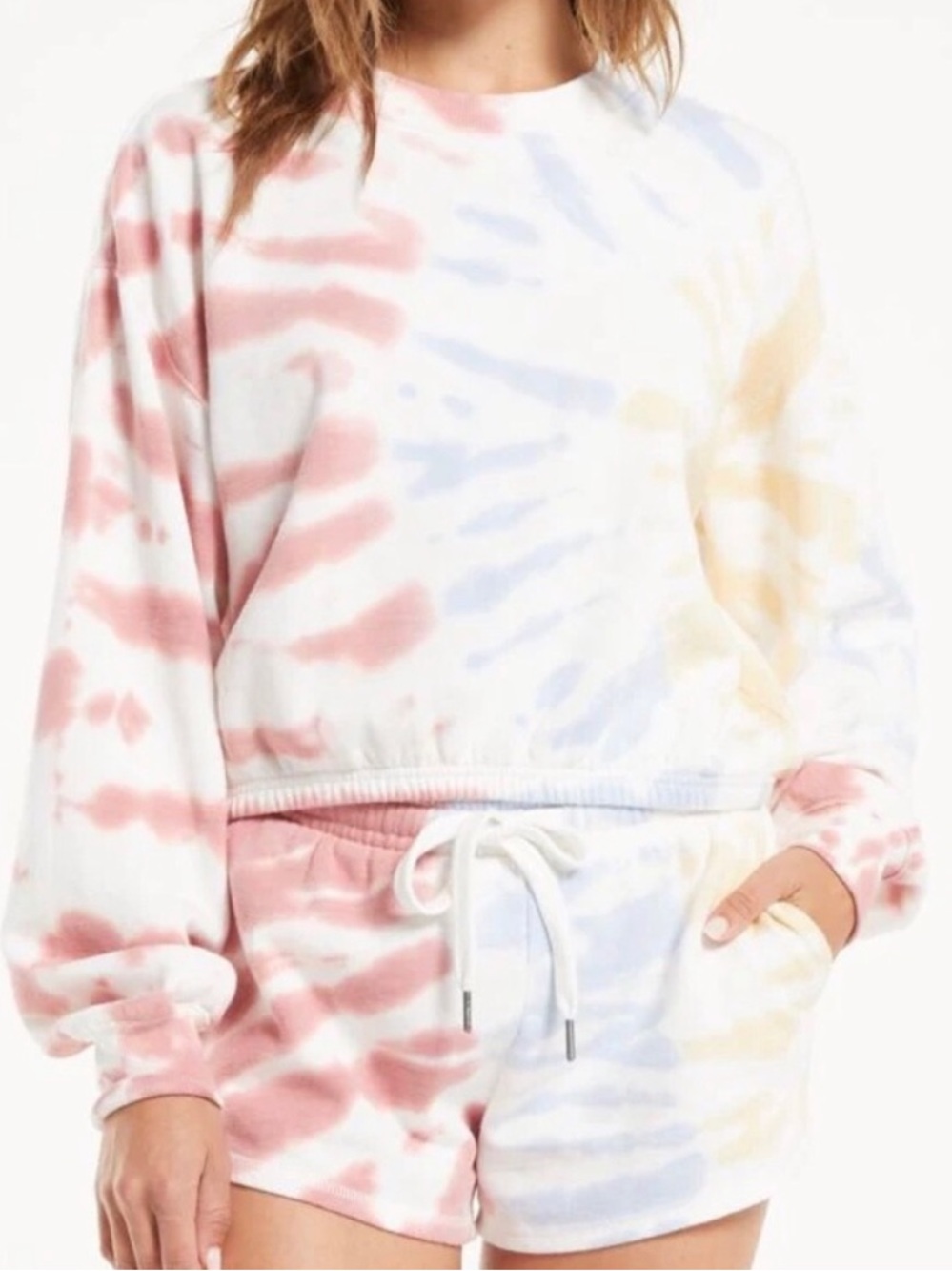 Z Supply White Multi Pastel Tie-Dye Lounge Shorts and Long Sleeve Tee